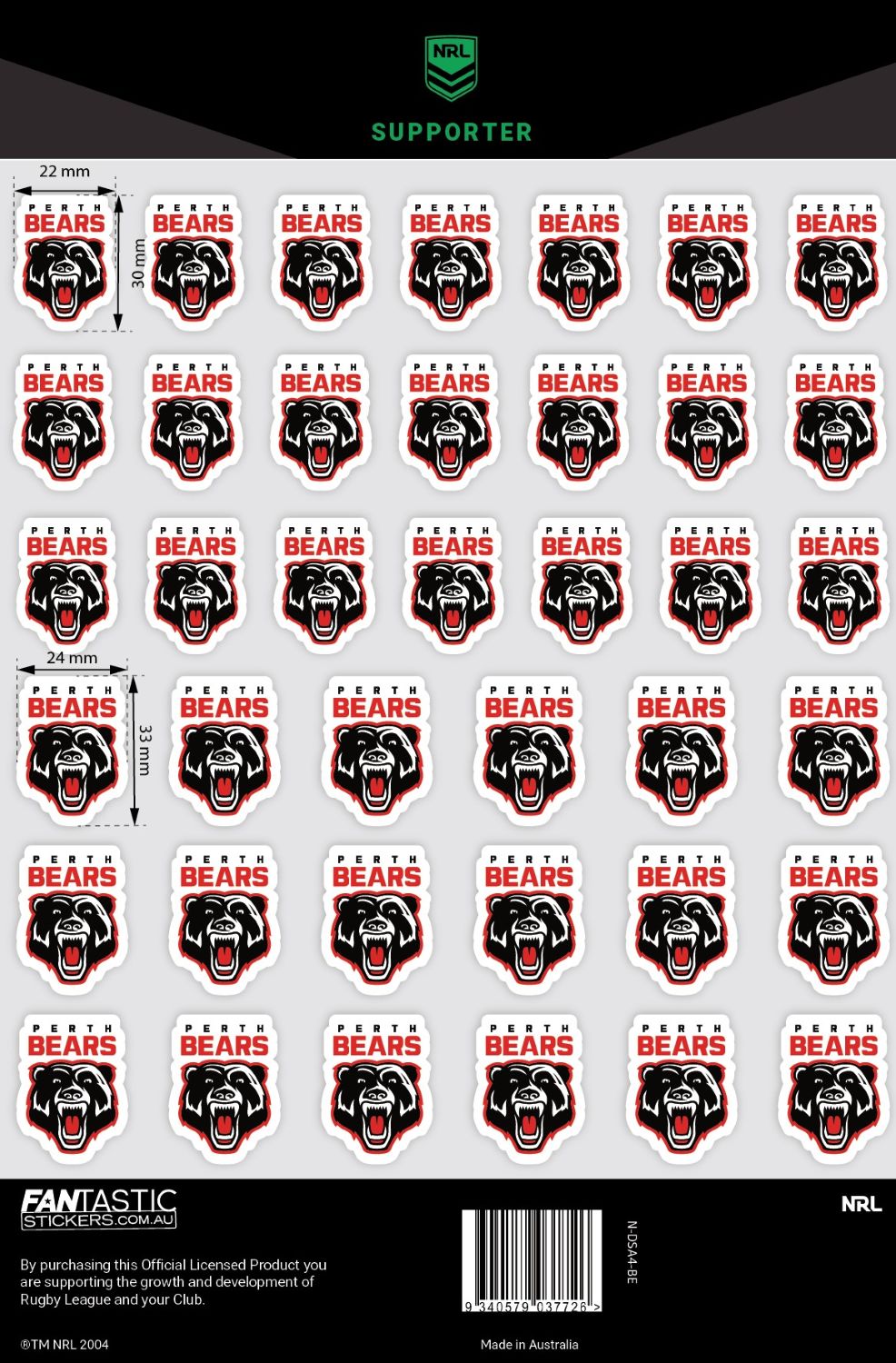 Perth Bears A4 Decals Sheet