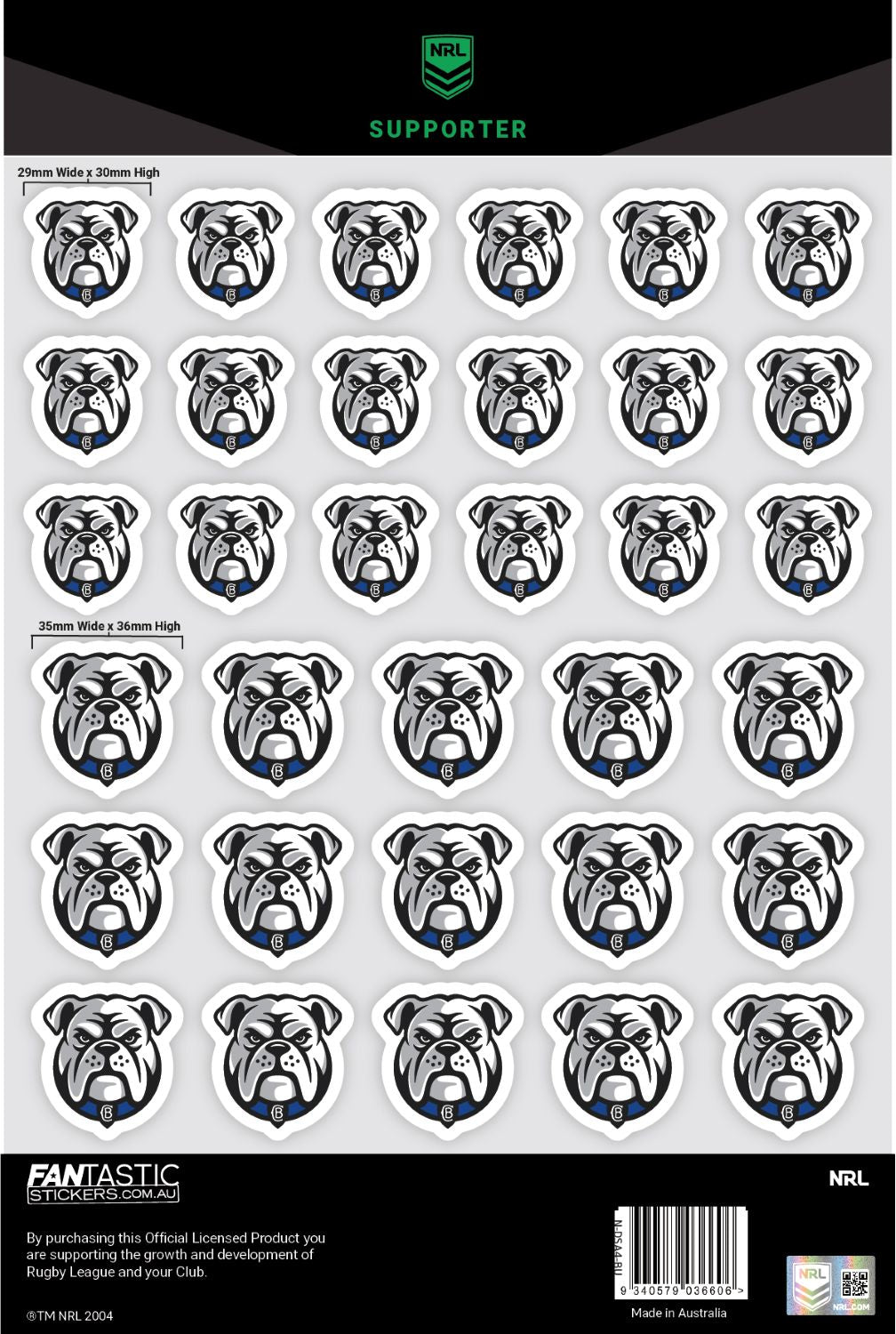 NRL Canterbury-Bankstown Bulldogs A4 Decals Sheet