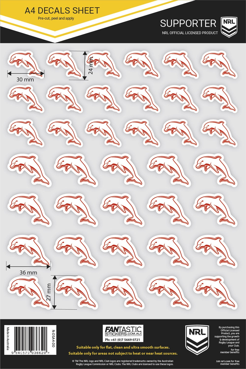 NRL Dolphins A4 Decals Sheet