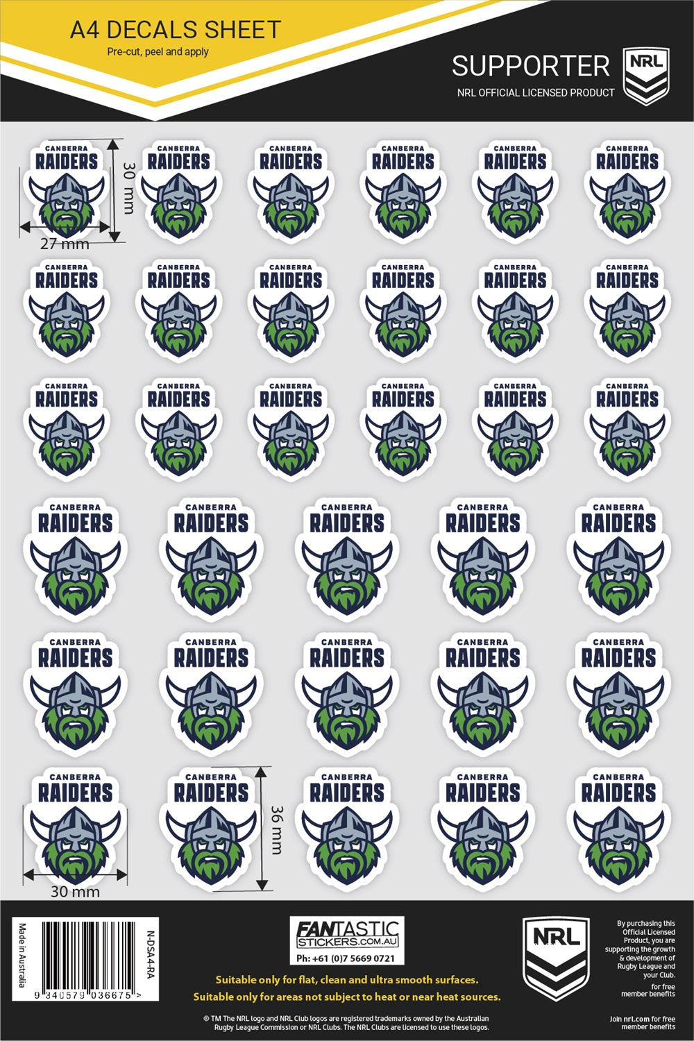 NRL Canberra Raiders A4 Decals Sheet