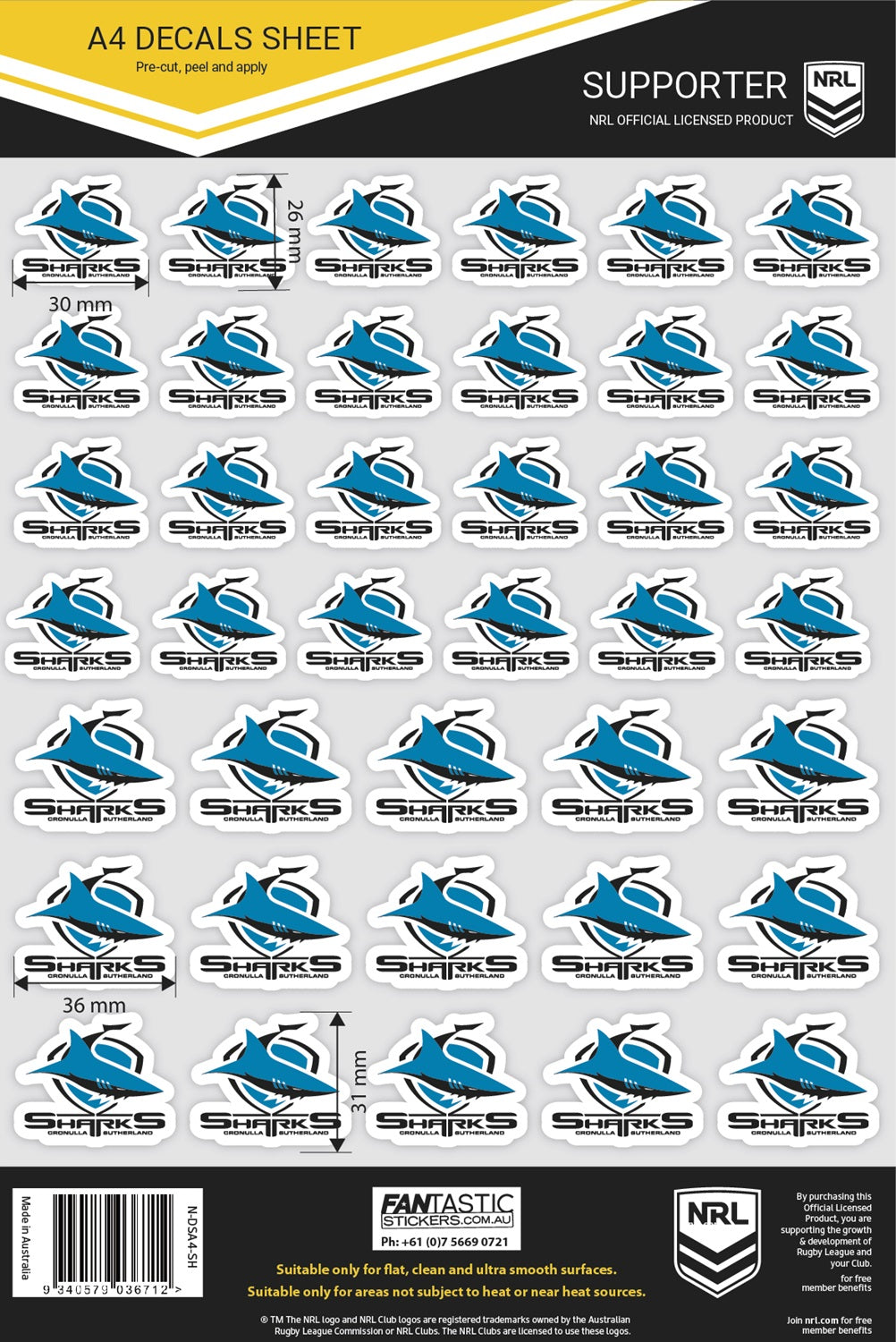 NRL Cronulla Sutherland Sharks A4 Decals Sheet