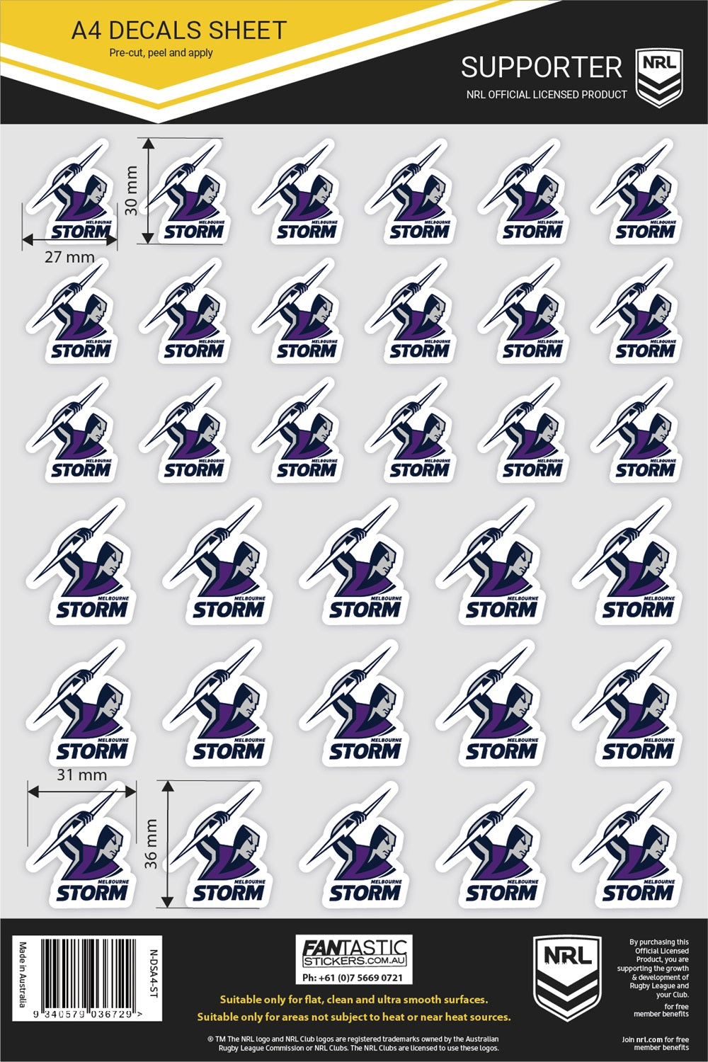 NRL Melbourne Storm A4 Decals Sheet