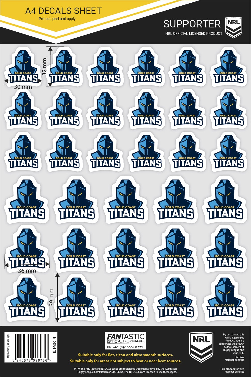 NRL Gold Coast Titans A4 Decals Sheet