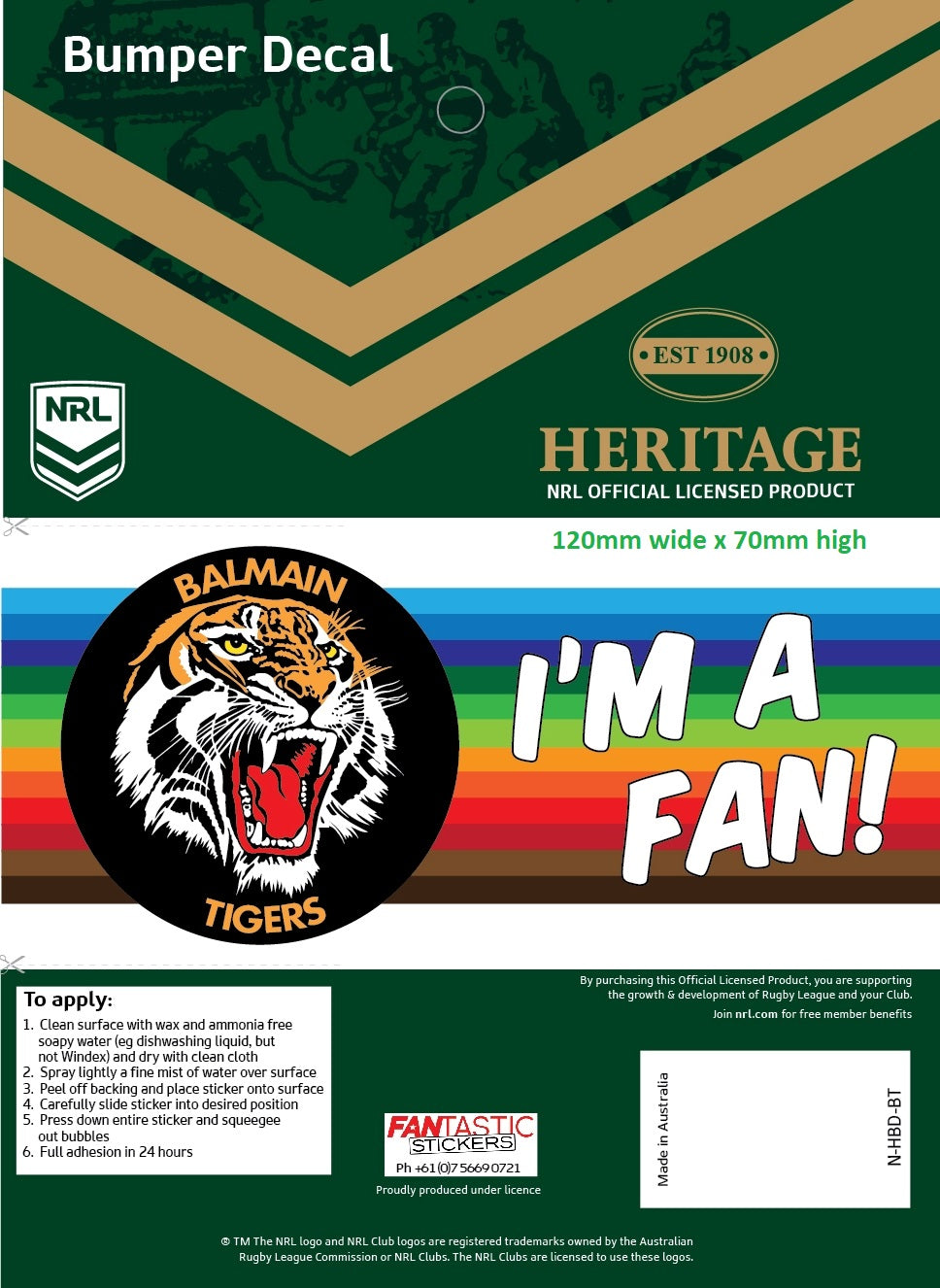 Balmain Tigers Heritage Bumper Decal