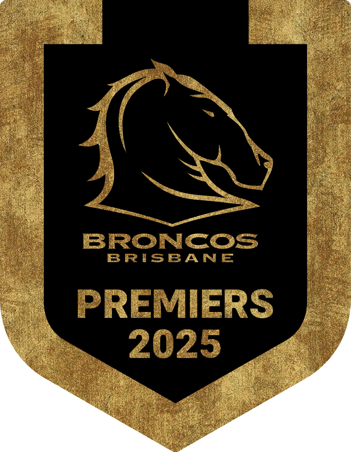 Broncos Brisbane premiers 2025 logo with horse head design on a black and gold shield