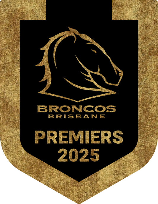 Broncos Brisbane premiers 2025 logo with horse head design on a black and gold shield