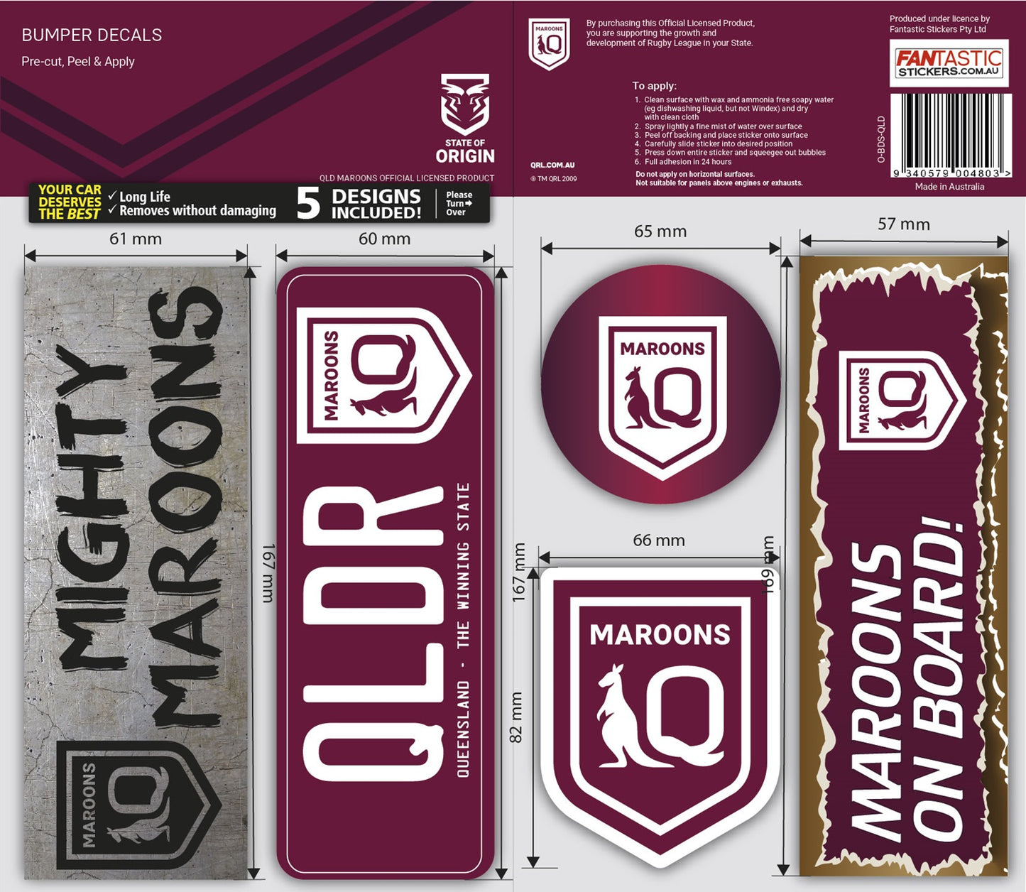 Queensland Maroons Bumper Decals Sheet - Set of 5 (2021)