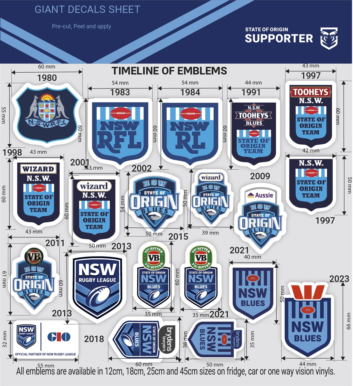 NSW Sky Blues Giant Decals Sheet