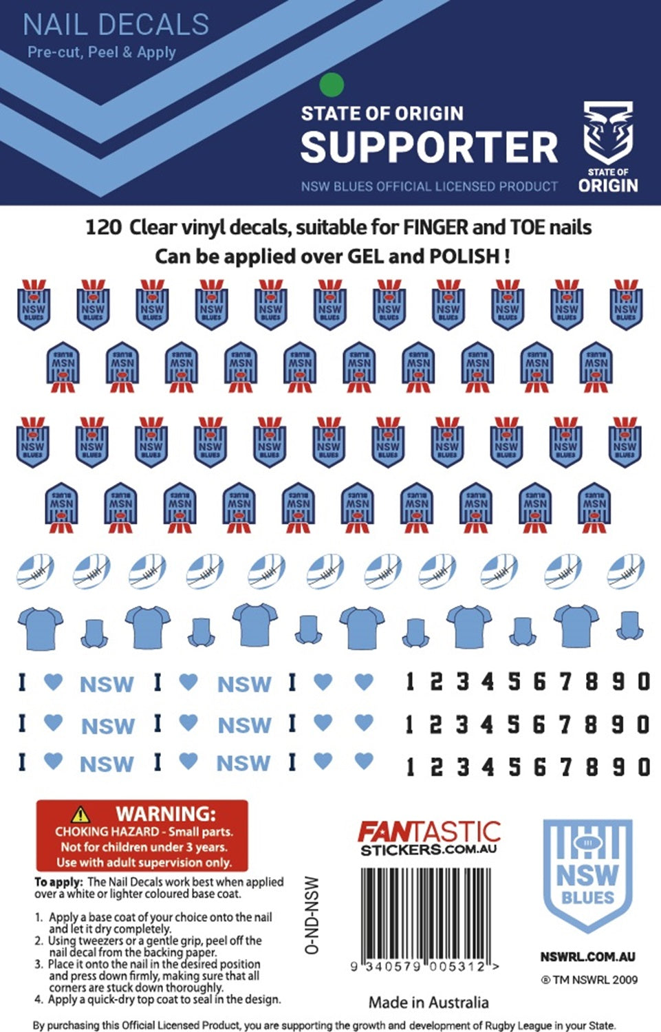 NSW Sky Blues Nail Decals Sheet