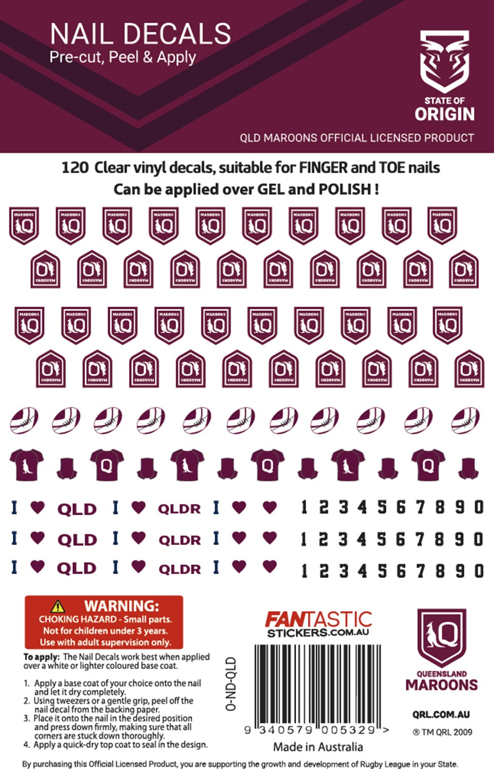 QLD Maroons Nail Decals Sheet