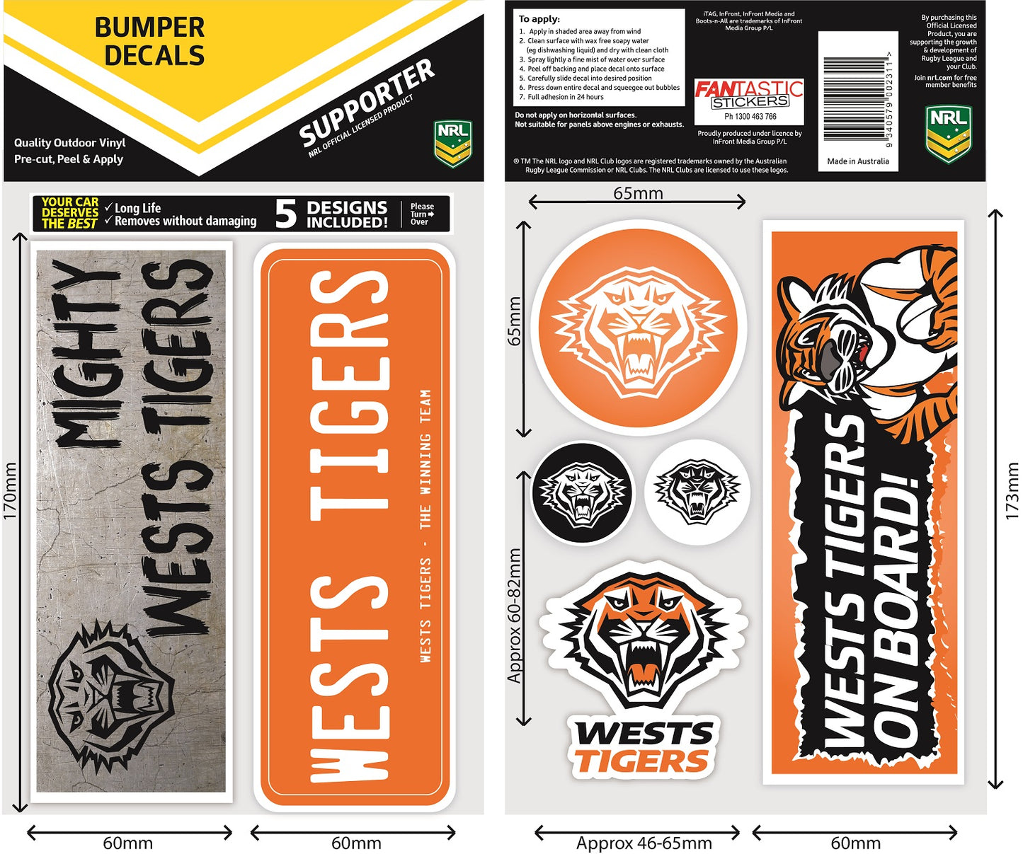 Wests Tigers Bumper Decal Sheet (2022)