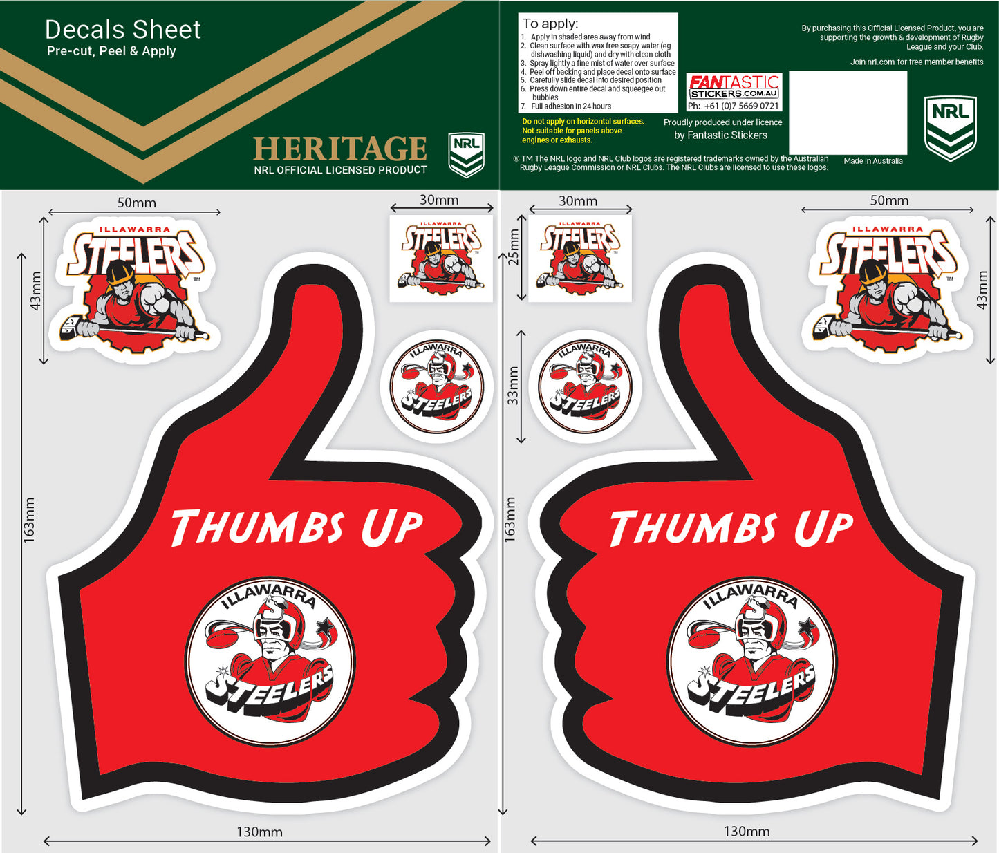 Illawarra Steelers Thumbs Up Decals Sheet