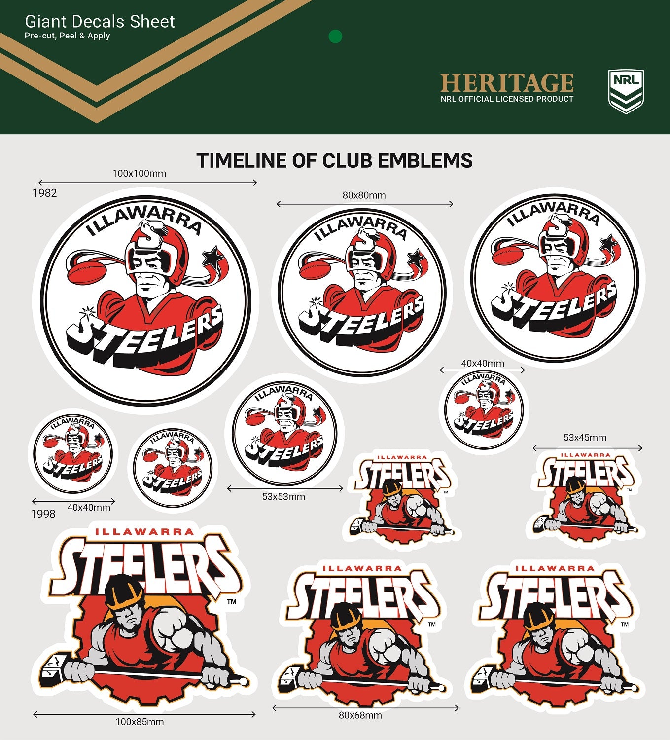 Heritage Illawarra Steelers Giant Decals Sheet