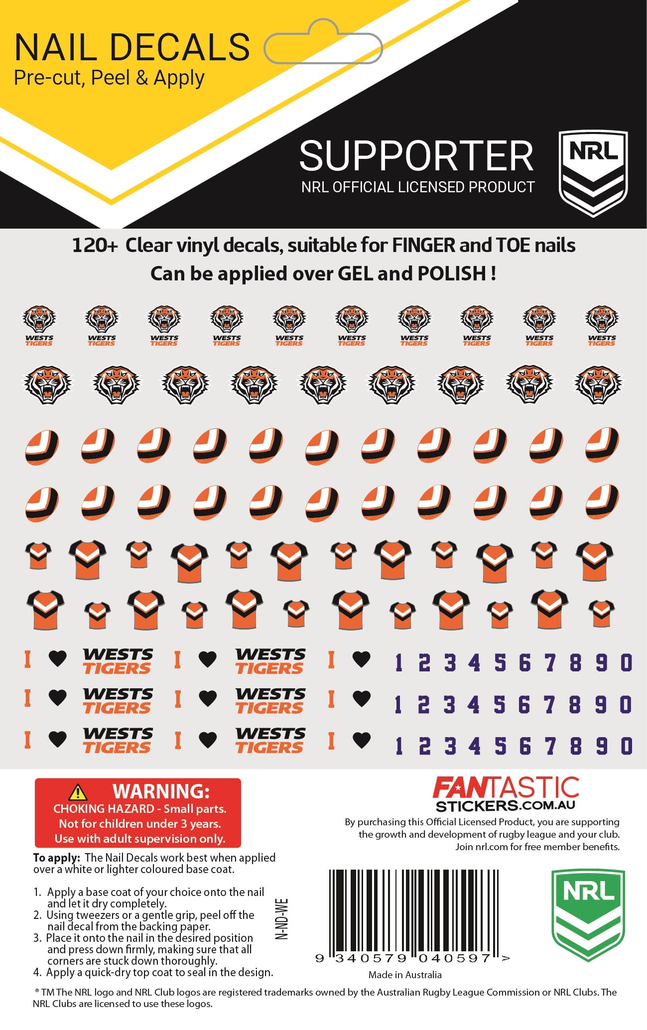 Wests Tigers Nail Decals (2022)