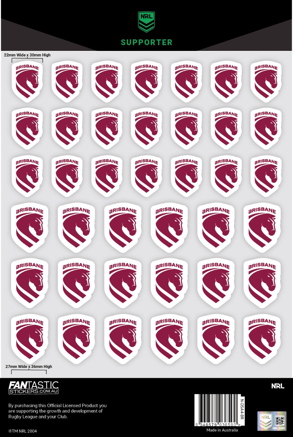 NRL Brisbane Broncos A4 Decals Sheet