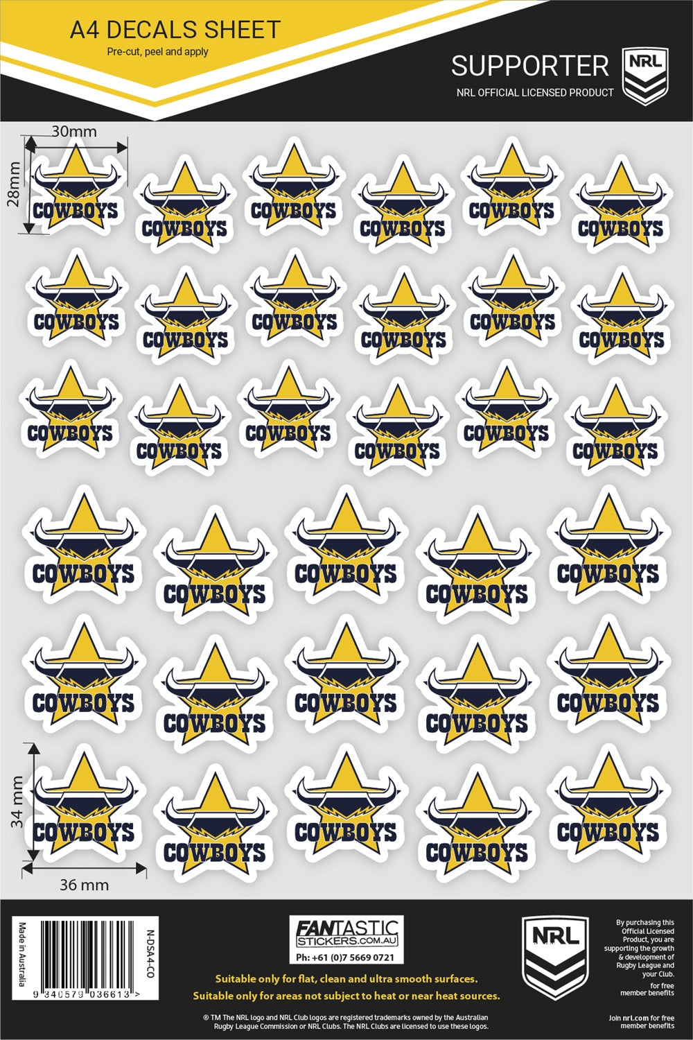 NRL North Qld Cowboys A4 Decals Sheet