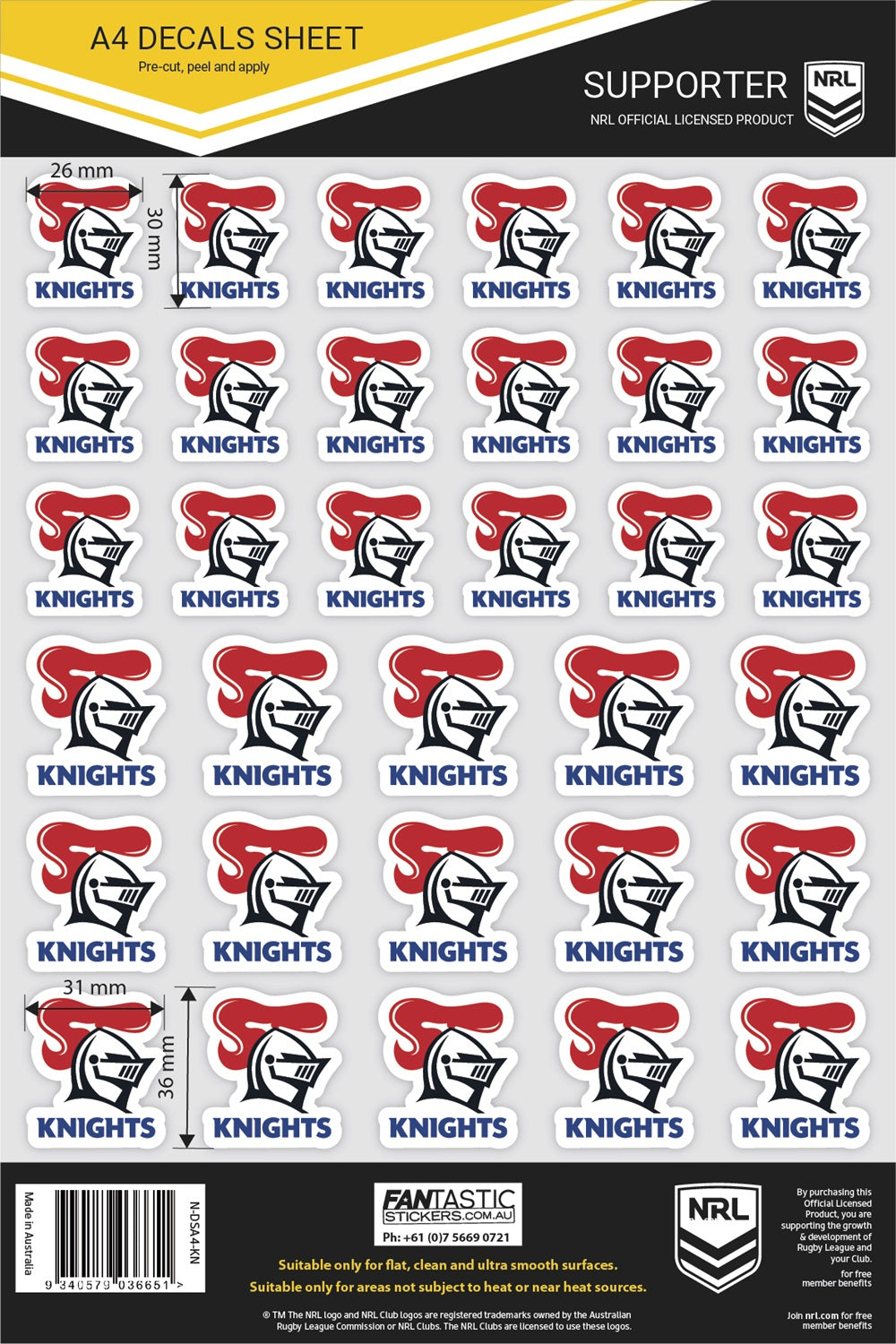 NRL Newcastle Knights A4 Decals Sheet