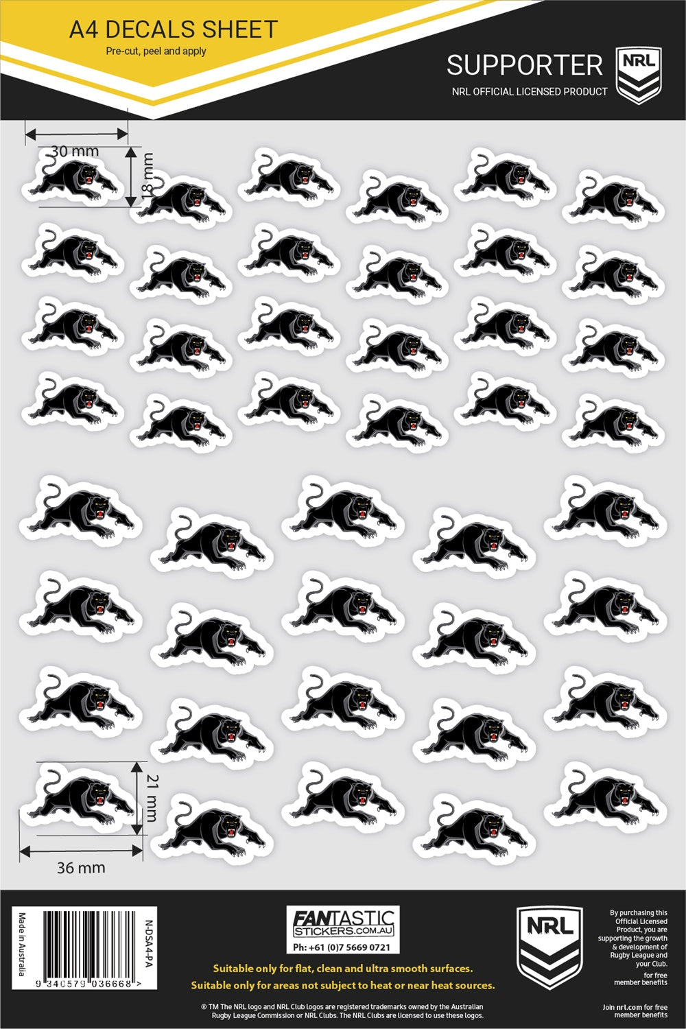 NRL Penrith Panthers A4 Decals Sheet