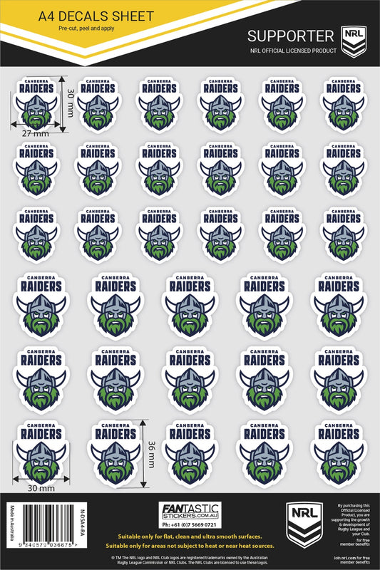 NRL Canberra Raiders A4 Decals Sheet