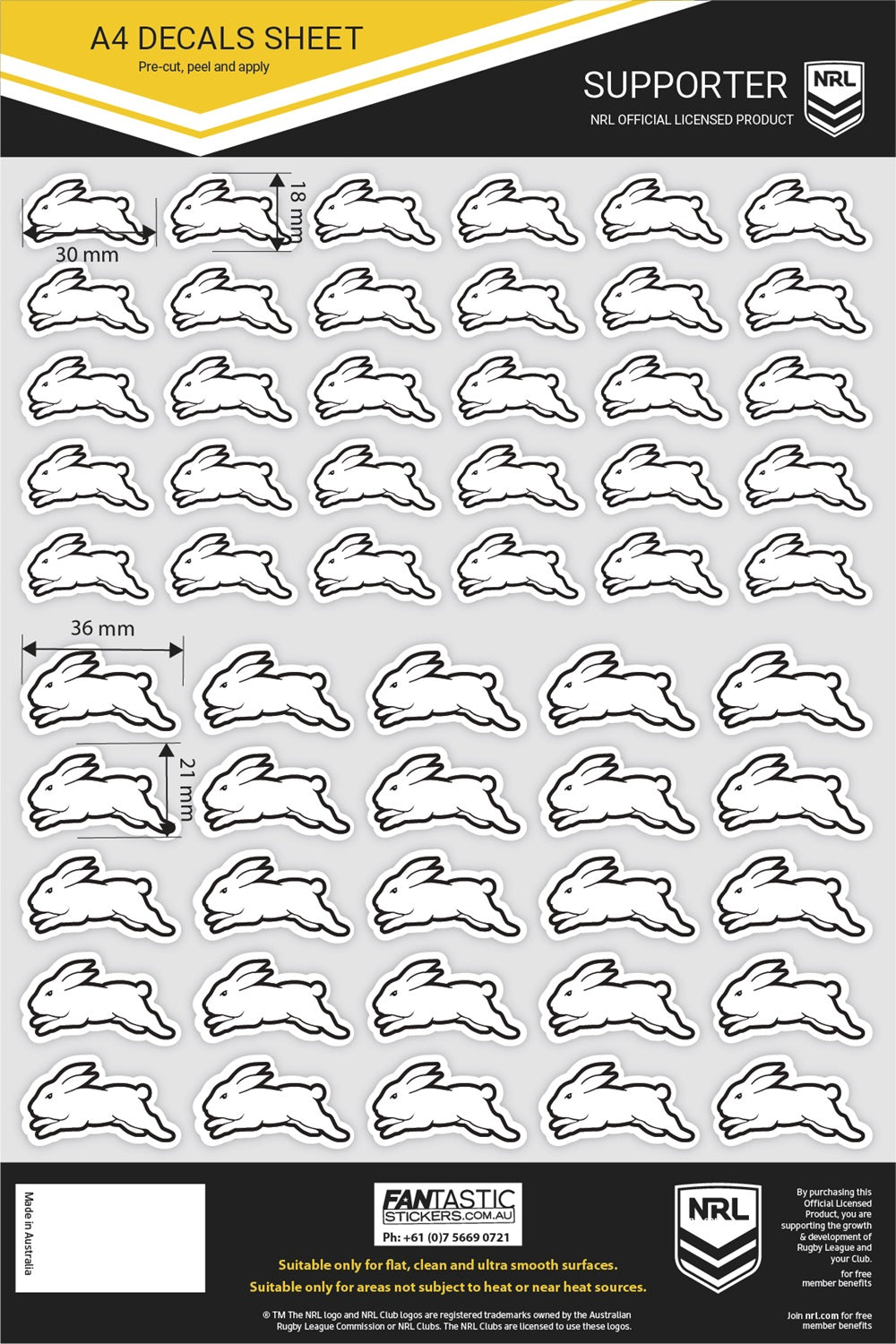 NRL South Sydney Rabbitohs A4 Decals Sheet