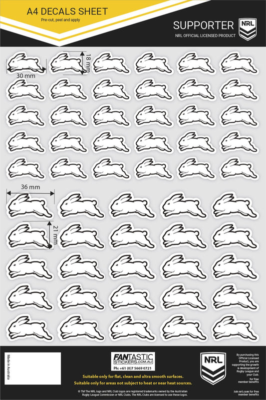 NRL South Sydney Rabbitohs A4 Decals Sheet