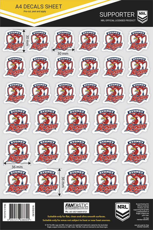 NRL Sydney Roosters A4 Decals Sheet