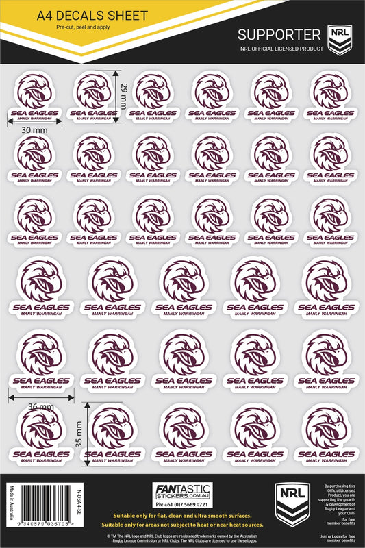 NRL Manly Warringah Sea Eagles A4 Decals Sheet