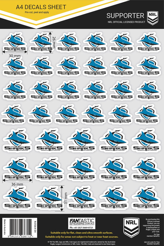 NRL Cronulla Sutherland Sharks A4 Decals Sheet