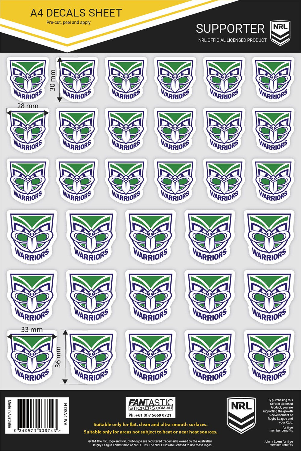 NRL New Zealand Warriors A4 Decals Sheet