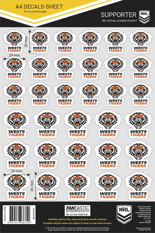 NRL Wests Tigers A4 Decals Sheet