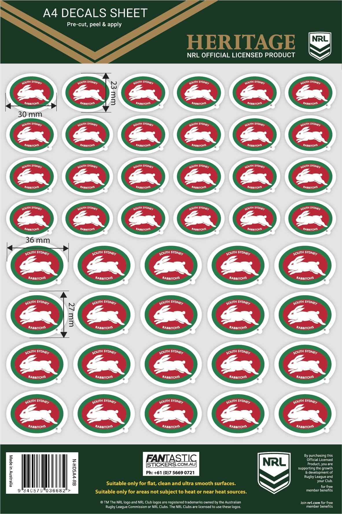 NRL South Sydney Rabbitohs A4 Decals Sheet