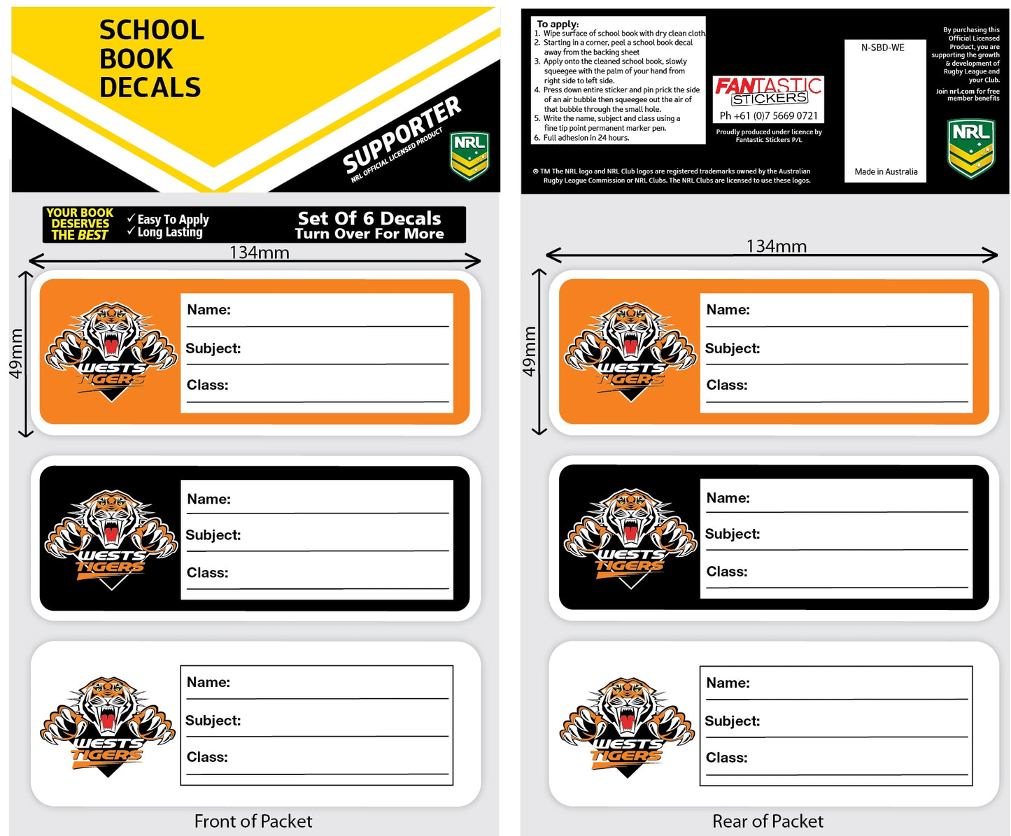 Wests Tigers School Book Decals