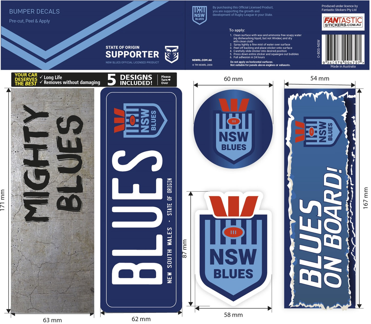 New South Wales Blues  Bumper Decals Sheet - Set of 5 (2023)