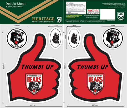 North Sydney Bears Thumbs Up Decals Sheet