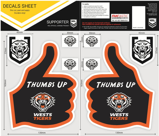 Wests Tigers Thumbs Up Decals Sheet